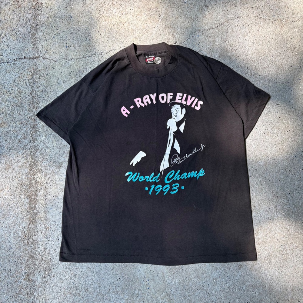 Vintage 1993 A-Ray of Elvis World Champ T-Shirt Fruit of the Loom BEST XL Black